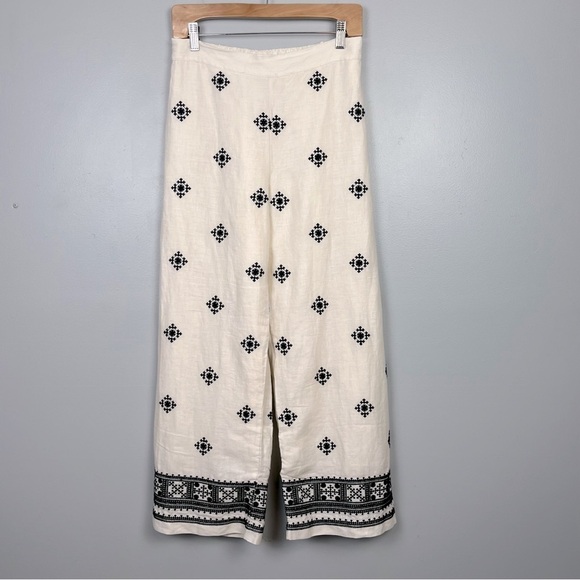 Magaschoni Pants - Magaschoni ivory & black linen embroidered wide leg lined pants, small.